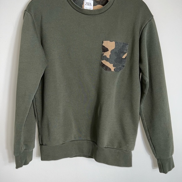 Zara Pullover Sweatshirt-Olive Army Green-Camo Pocket-Small - Picture 2 of 5